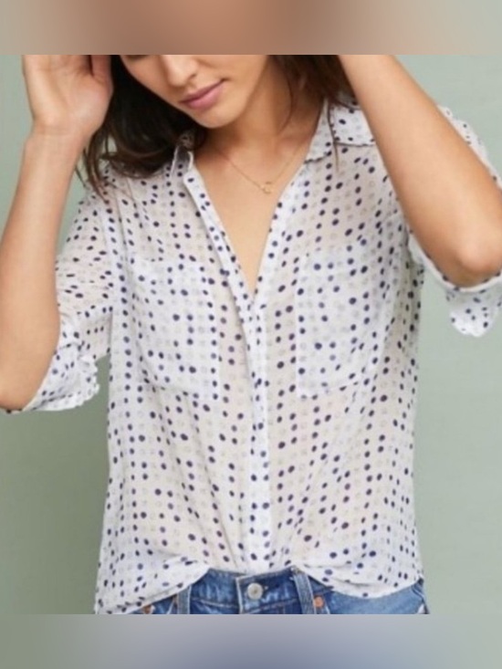 cloth & stone Tops - cloth & stone Tavira White Button-Down Blouse with Navy Polka Dots
